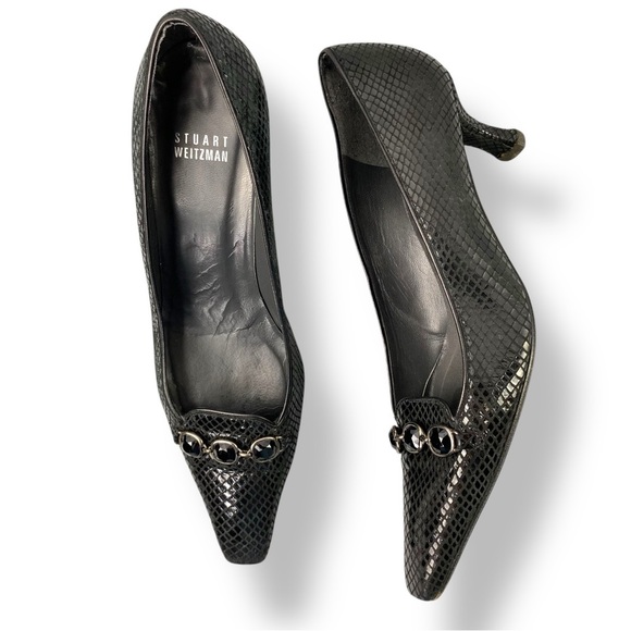 Stuart Weitzman Jeweled Crocodile Textured  Black  Leather Kitten Heel Shoes, 7M - Picture 1 of 12